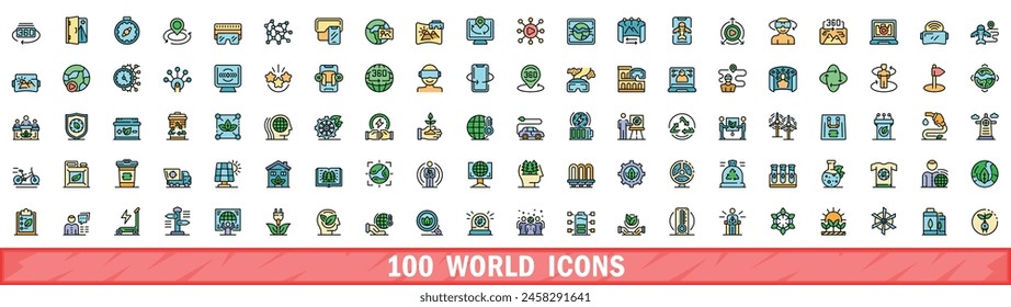 100 iconos del mundo. Conjunto de línea de color de iconos vectoriales del mundo línea delgada color plana en blanco