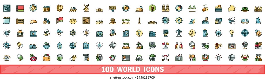 100 world icons set. Color line set of world vector icons thin line color flat on white