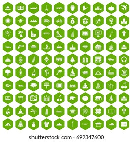 100 world icons set in green hexagon isolated vector illustration