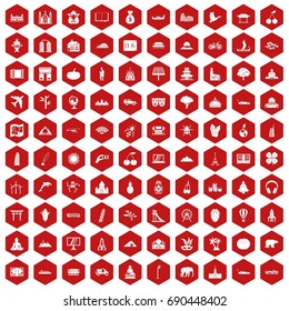 100 world icons set in red hexagon isolated vector illustration
