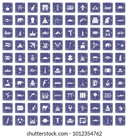 100 world tour icons set in grunge style sapphire color isolated on white background vector illustration