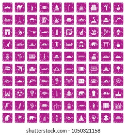 100 world tour icons set in grunge style pink color isolated on white background vector illustration