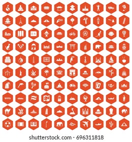 100 world tour icons set in orange hexagon isolated vector illustration