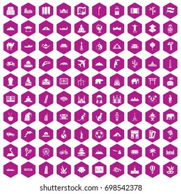 100 world tour icons set in violet hexagon isolated vector illustration