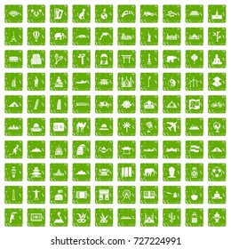 100 world tour icons set in grunge style green color isolated on white background vector illustration