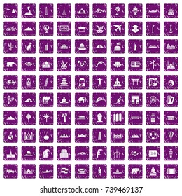 100 world tour icons set in grunge style purple color isolated on white background vector illustration