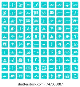 100 world tour icons set in grunge style blue color isolated on white background vector illustration