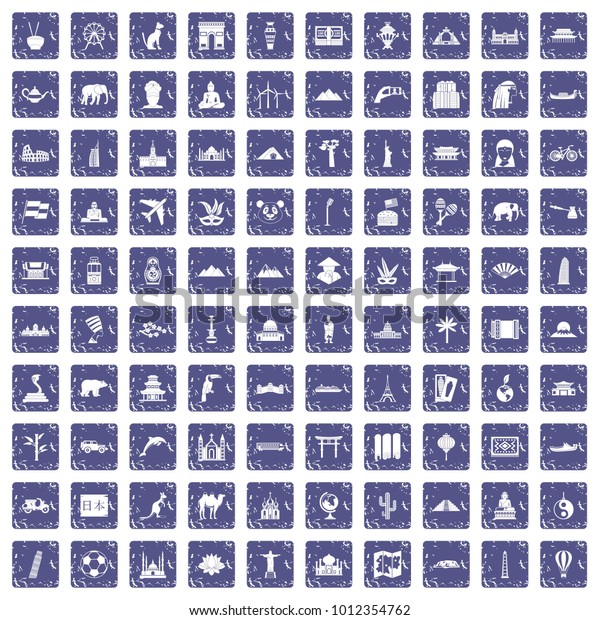 100 world tour icons\
set in grunge style sapphire color isolated on white background\
vector illustration