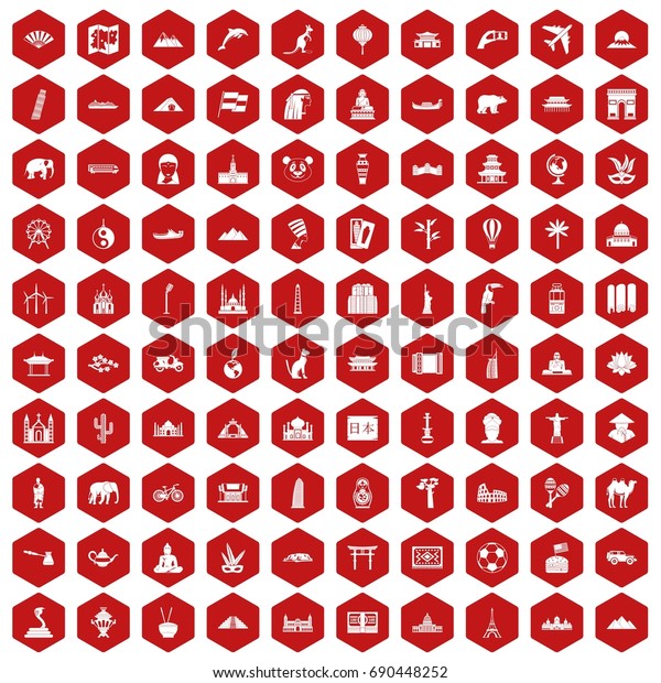 100 world tour icons set in red hexagon\
isolated vector\
illustration