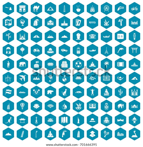 100 world tour icons set in sapphirine\
hexagon isolated vector\
illustration