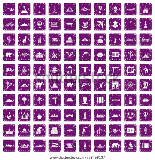 100 world tour icons set\
in grunge style purple color isolated on white background vector\
illustration