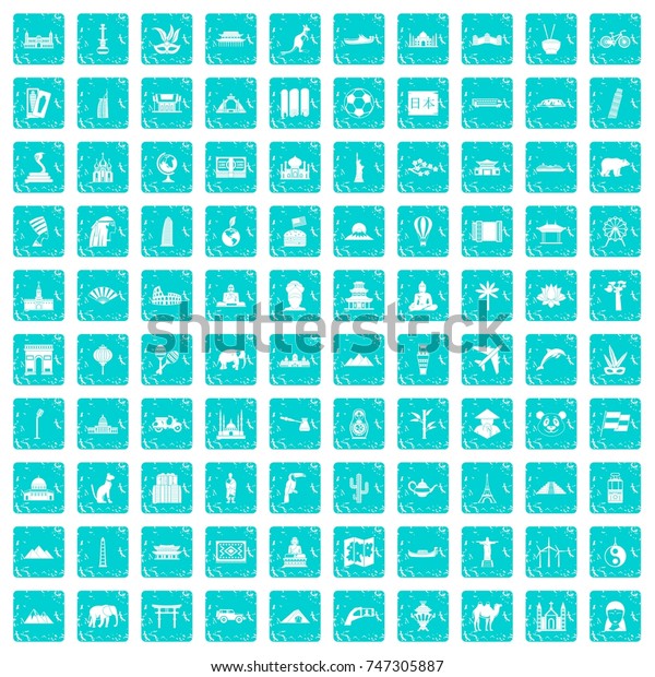 100 world tour icons set\
in grunge style blue color isolated on white background vector\
illustration