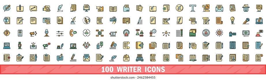 100 writer icons set. Color line set of writer vector icons thin line color flat on white