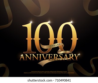 100 year anniversary celebration logotype template. 100th logo with ribbons on black background