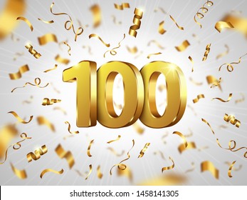 100 year anniversary celebration, realistic vector. White background with 3D gold metal numbers and falling shining golden spiral confetti. Festive banner for birthday, wedding party or Christmas sale