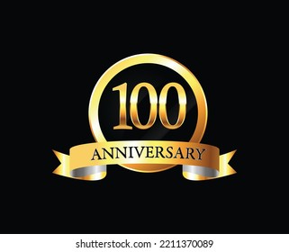 100 Year Anniversary celebration Vector Design with ring and ribbon. 100th Anniversary celebration. Gold Luxury Banner of 100th Anniversary celebration. hundredth celebration card. Vector anniversary
