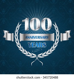 100 year anniversary emblem with ribbon and laurel wreath. Vector illustration for your graphic design.