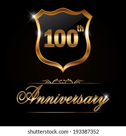 100 year anniversary golden label, 100th anniversary decorative golden emblem - vector illustration 