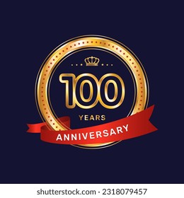 100 year anniversary logo with gold ring and red ribbon, vector template