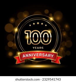 100 year anniversary logo with a gold emblem shape and red ribbon, logo template vector