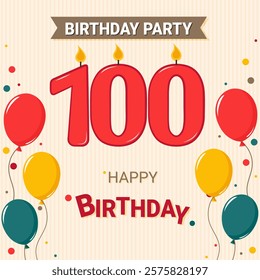 100 Year Anniversary. Postcard candles and balloons. Party invitation. 