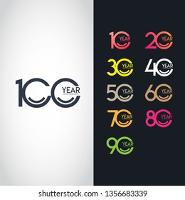 100 Year Anniversary Set 10 20 30 40 50 60 70 80 90 Vector Template Design Illustration