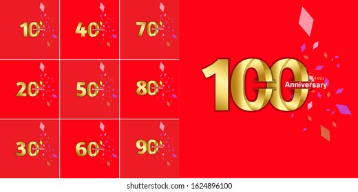 100 Year Anniversary Set 10, 20, 30, 40, 50, 60, 70, 80, 90 Vector Template Design Illustration