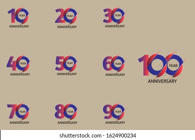 100 Year Anniversary Set 10, 20, 30, 40, 50, 60, 70, 80, 90 Vector Template Design Illustration