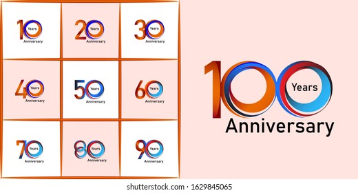 100 Year Anniversary Set 10 20 30 40 50 60 70 80 90 Vector Template Design Illustration
