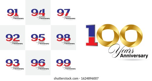 100 Year Anniversary Set 91, 92, 93, 94, 95, 96, 97, 98, 99 Vector Template Design Illustration