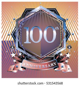 100 years anniversary badge logo celebration with ring and ribbon.