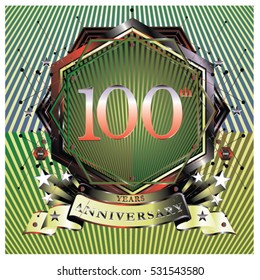 100 years anniversary badge logo celebration with ring and ribbon.