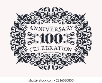 100 years anniversary celebration card with floral ornament in vintage style. Black print on white background. Vector illustration