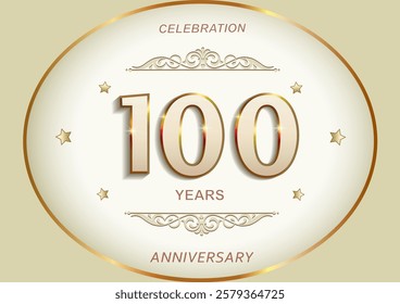  100 years anniversary celebration, greeting card, festive background with jubilee numerals in golden oval frame with stars and pattern. Vector illustration