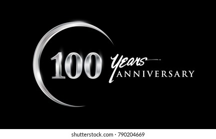 100 years anniversary celebration. Anniversary logo with silver ring elegant design isolated on black background, vector design for celebration, invitation card, and greeting card