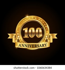 100 years anniversary celebration logotype. Golden anniversary emblem with ribbon. Design for booklet, leaflet, magazine, brochure, poster, web, invitation or greeting card. Vector illustration.