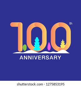 100 years anniversary celebration logotype. Multicolor number with modern leaf and snow background. Design for booklet, leaflet, magazine, brochure, invitation or greeting card. Vector illustration. 