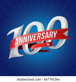 100 years anniversary celebration logotype. 100th silver number with red ribbons on blue background