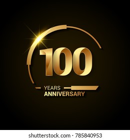 100 Years Anniversary Celebration Logotype. Golden Elegant Vector Illustration  with Swoosh or Half Circle,  Isolated on Black Background can be use for Celebration, Invitation, and Greeting card
