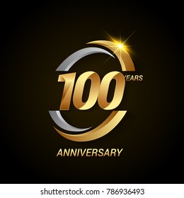 100 Years Anniversary Celebration Logotype. Golden Elegant Vector Illustration with Swoosh, Isolated on Black Background can be use for Celebration, Invitation, and Greeting card