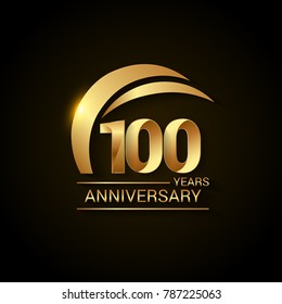 100 Years Anniversary Celebration Logotype. Golden Elegant Vector Illustration  with Gold Swoosh,  Isolated on Black Background can be use for Celebration, Invitation, and Greeting card