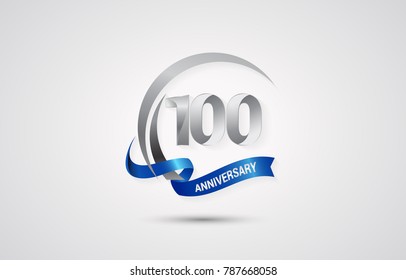 100 Years Anniversary Celebration Logotype. Silver Elegant Vector Illustration  with Swoosh,  Isolated on white Background can be use for Celebration, Invitation, and Greeting card