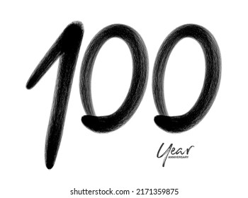 100 Years Anniversary Celebration Vector Template, 100 Years  logo design, 100th birthday, Black Lettering Numbers brush drawing hand drawn sketch, number logo design vector illustration