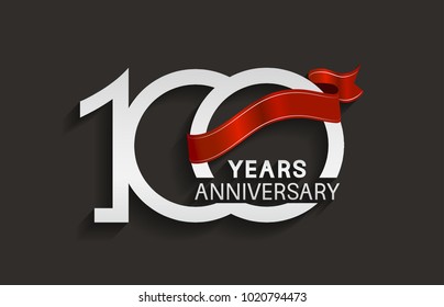 100 years anniversary design with silver color and red ribbon isolated on black background for celebration event