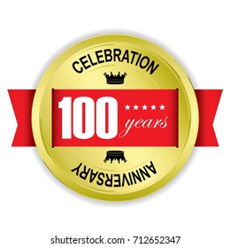 100 years Anniversary Gold badge with red ribbon.vector illustration