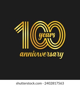 100 years anniversary gold color logo design vector template on black background. Party celebration banner, poster, greeting card. One hundred number sign. 100th year jubilee.