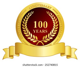 100 Years Anniversary Golden Color Seal And Ribbon Graphic Isolated On White