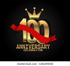100 years Anniversary golden font with black background and red ribbon, and golden crown