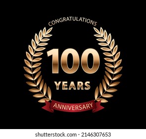 100 years anniversary golden laurel wreath. Anniversary celebration logo. Vector illustration Editable. Golden laurel stamp.