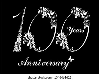 100 years anniversary. Happy birthday card. Celebration black background with number white hundred and place for your text.  Fresh spring flowers. Template elements for your birthday party. Vector